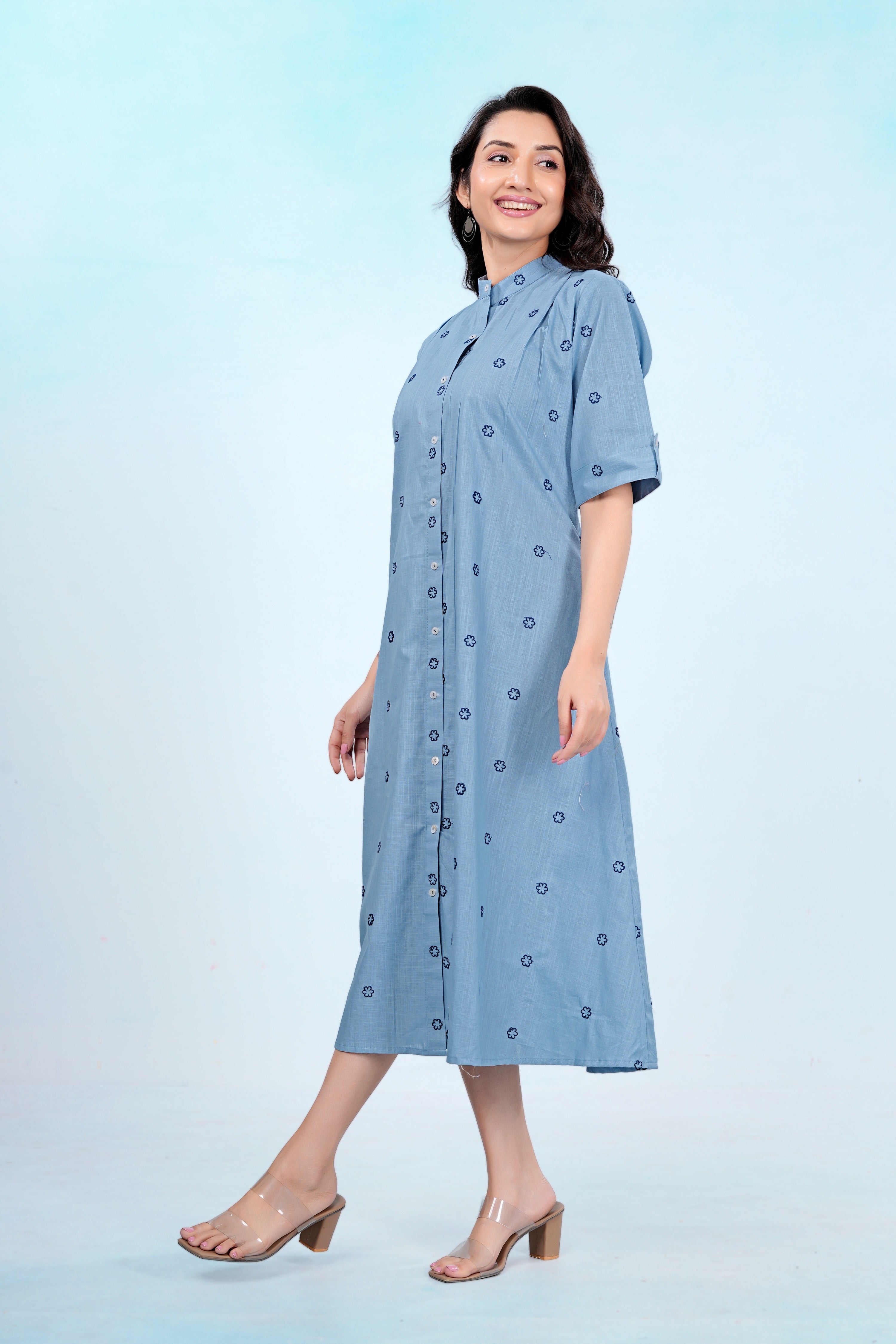 Elegant Blue Embroidered Pure Cotton One Piece Dress | Soft, Breathable & Comfortable Daily Wear