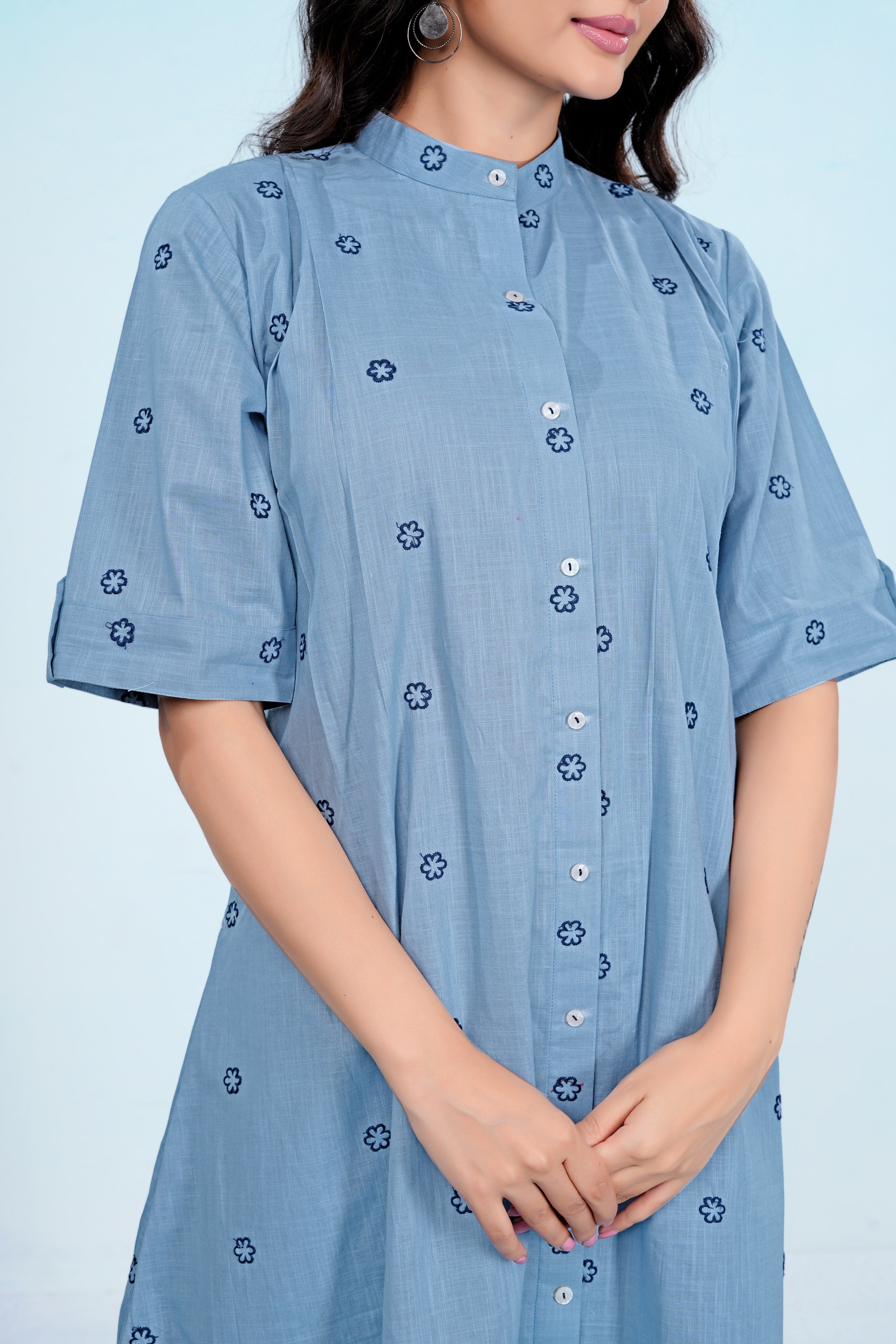 Elegant Blue Embroidered Pure Cotton One Piece Dress | Soft, Breathable & Comfortable Daily Wear