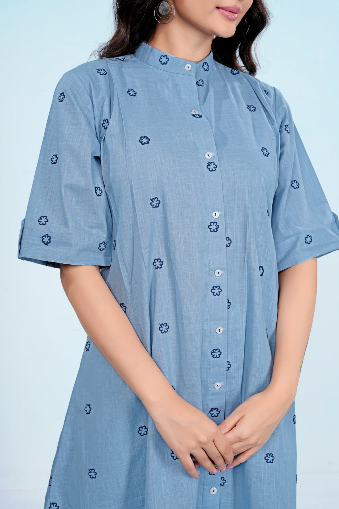 Elegant Blue Embroidered Pure Cotton One Piece Dress | Soft, Breathable & Comfortable Daily Wear