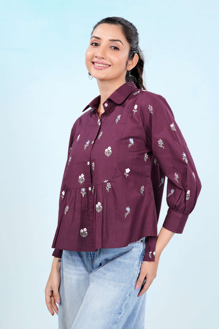 Wine Blossom Pure Cotton Peplum Grace Shirt