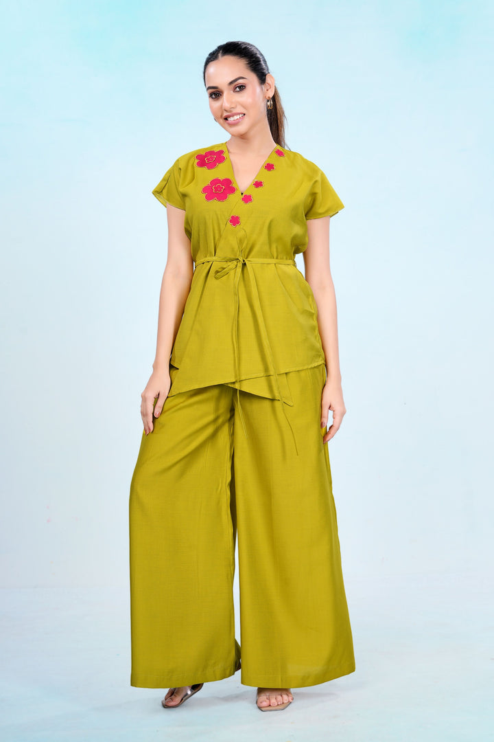Chartreuse Floral Appliqué Belted Co-ord Set