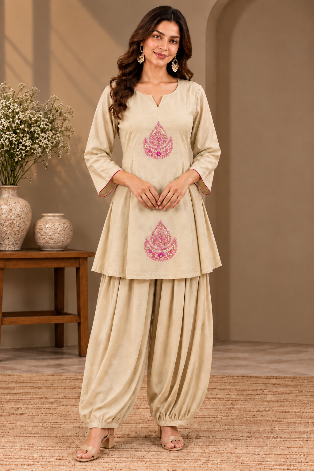 Elegant Sand Mal Chanderi Embroidered Kurta Afghani Style Pant Set for Women | Premium Ethnic Wear with Traditional Pink Motif Embroidery, Stylish Notched Neckline & Flared Sleeves | Festive, Party & Special Occasion Wear.