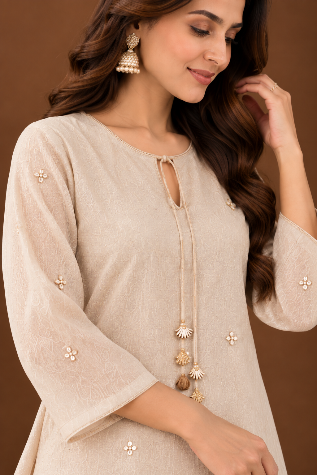 Elegant Dusty Ivory Textured Kurta with Wide-Leg Palazzo Co-Ord Set | Premium Ethnic Festive Wear for Women.