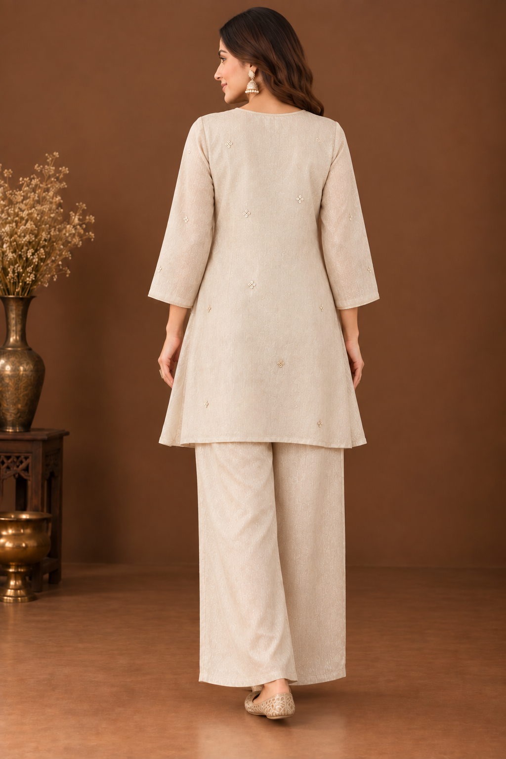 Elegant Dusty Ivory Textured Kurta with Wide-Leg Palazzo Co-Ord Set | Premium Ethnic Festive Wear for Women.