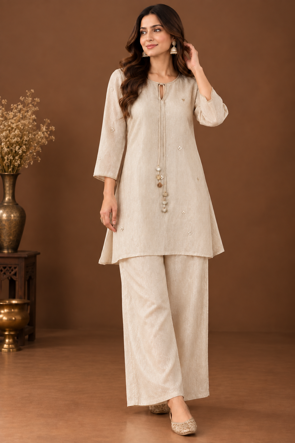 Elegant Dusty Ivory Textured Kurta with Wide-Leg Palazzo Co-Ord Set | Premium Ethnic Festive Wear for Women.