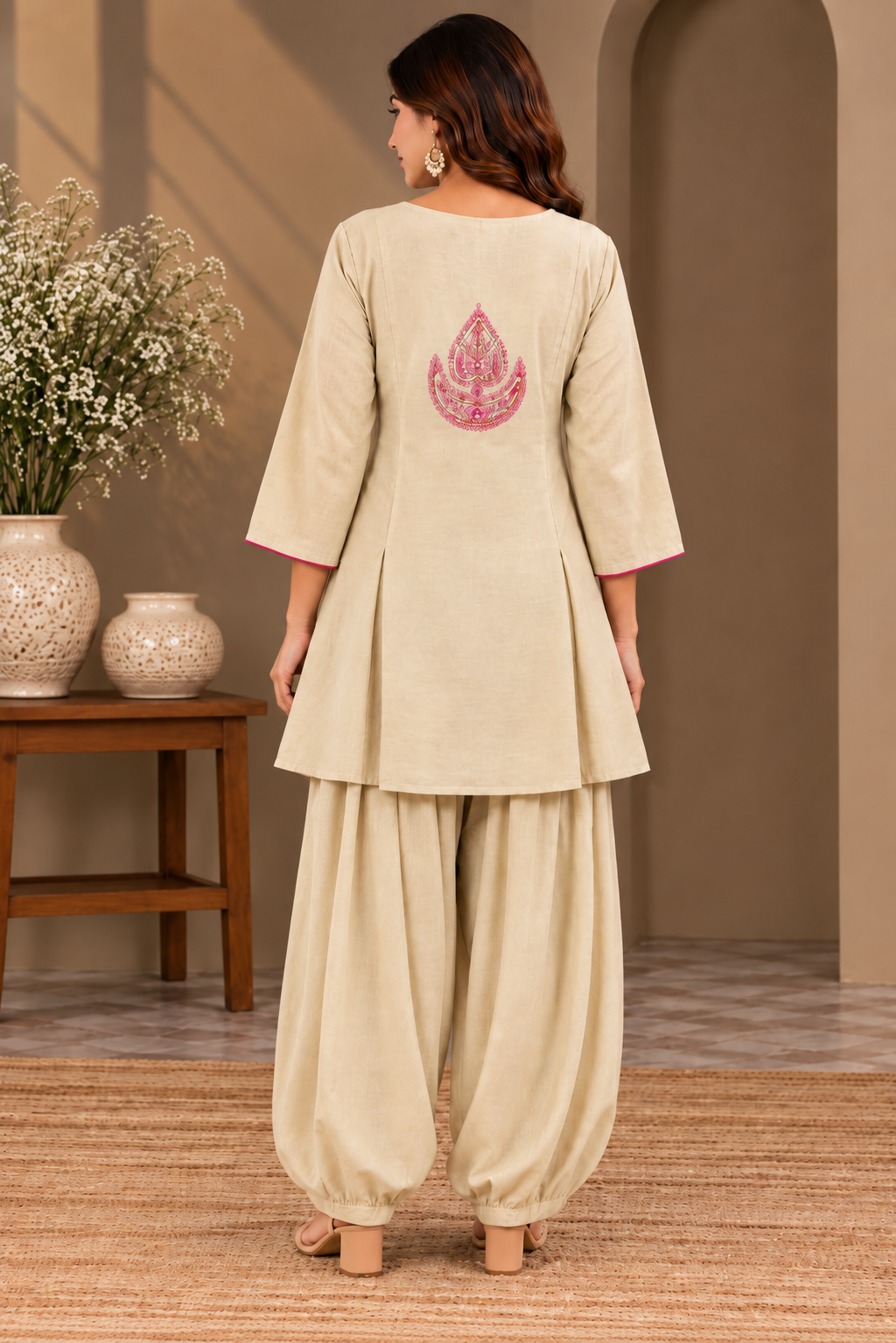Elegant Sand Mal Chanderi Embroidered Kurta Afghani Style Pant Set for Women | Premium Ethnic Wear with Traditional Pink Motif Embroidery, Stylish Notched Neckline & Flared Sleeves | Festive, Party & Special Occasion Wear.