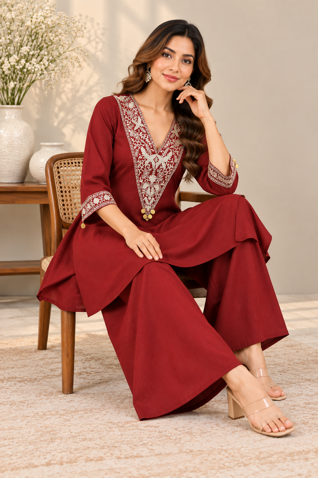 Elegant Maroon Coral Silk Embroidered Kurta Palazzo Set for Women | Premium Floral V-Neck Embroidery with 3/4 Sleeves, Decorative Tassel Detailing & Matching Wide-Leg Palazzo Pants | Festive, Party & Ethnic Wear