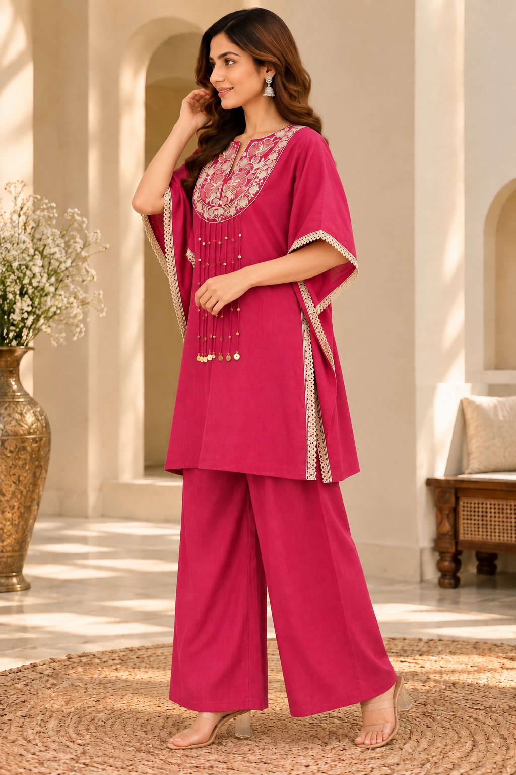 Stylish Pink Embroidered Kurta Palazzo Set for Women | Premium Roman Fabric Floral Embroidery Kurti with Kaftan Sleeves, Lace Detailing & Matching Palazzo | Elegant Festive Ethnic Wear