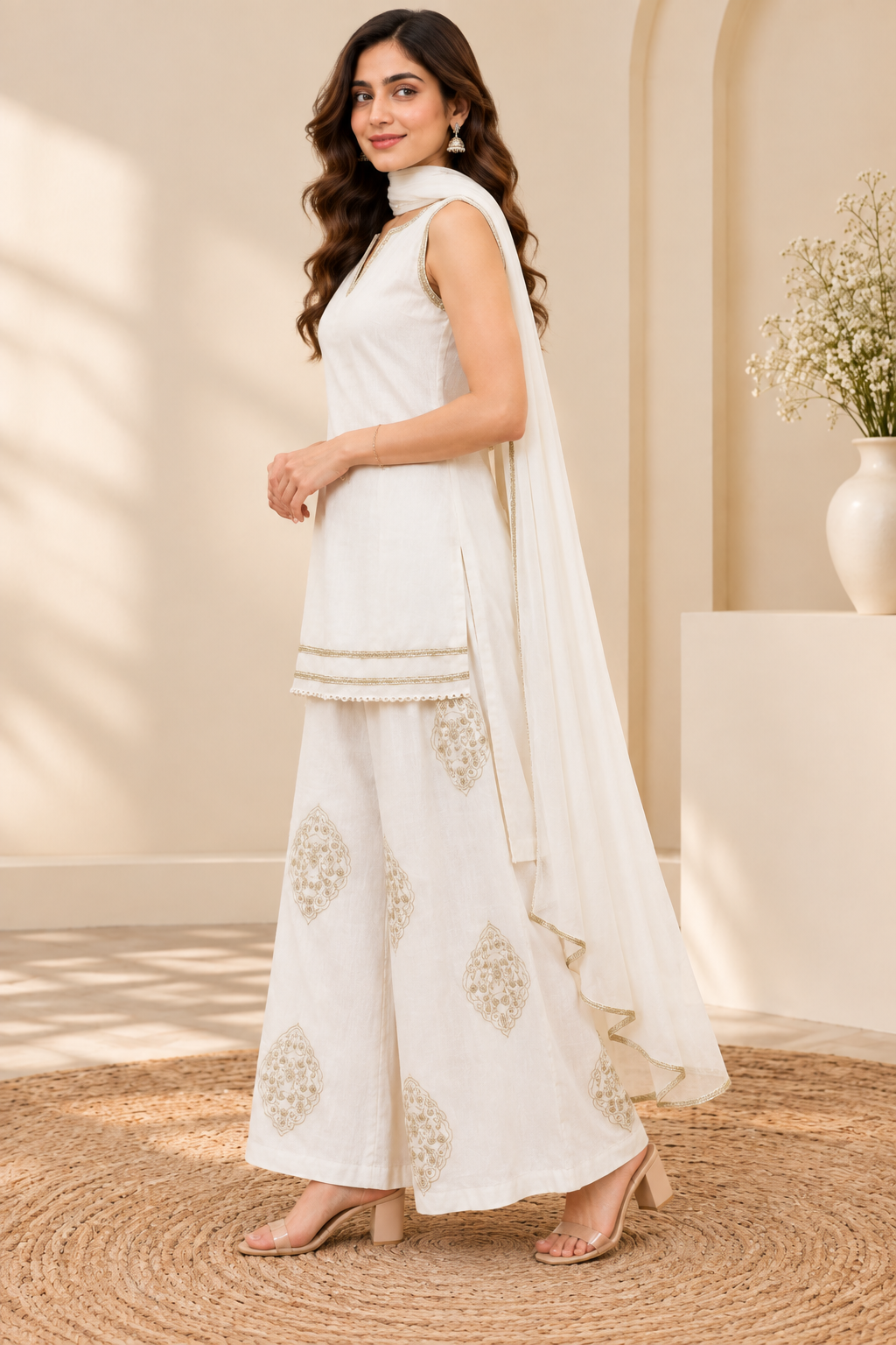Women’s White Embroidered Kurta Palazzo Suit Set with Gold Border Detailing and Matching Dupatta – Elegant Ethnic Festive Wear