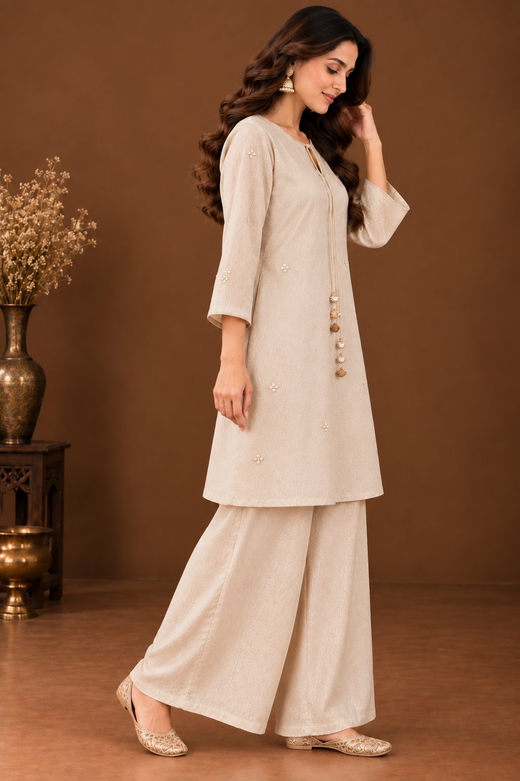 Elegant Dusty Ivory Textured Kurta with Wide-Leg Palazzo Co-Ord Set | Premium Ethnic Festive Wear for Women.