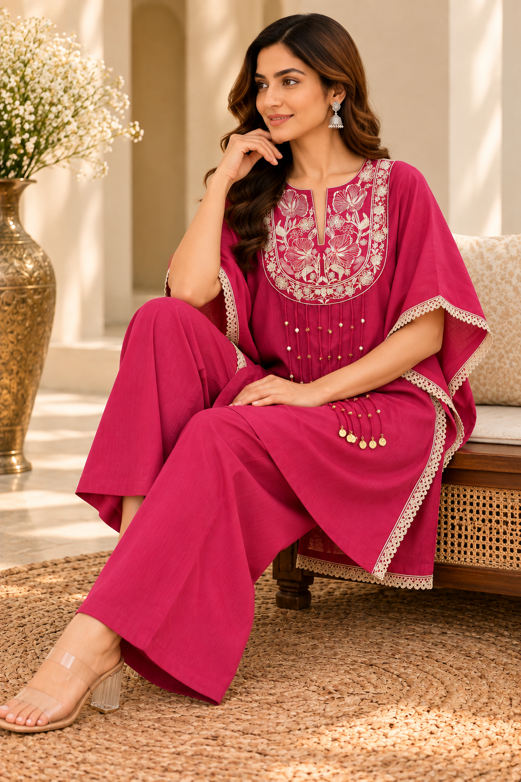 Stylish Pink Embroidered Kurta Palazzo Set for Women | Premium Roman Fabric Floral Embroidery Kurti with Kaftan Sleeves, Lace Detailing & Matching Palazzo | Elegant Festive Ethnic Wear