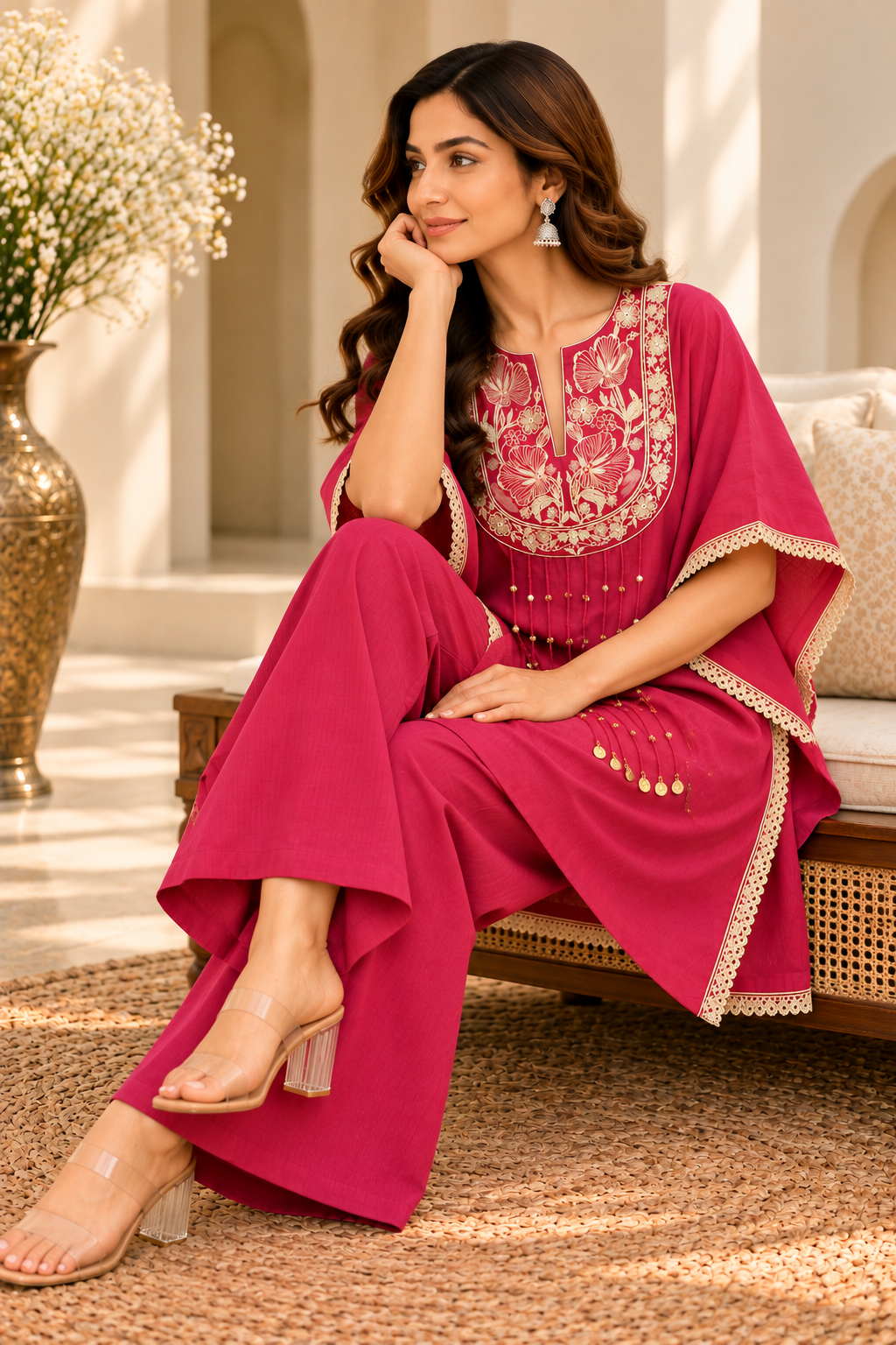 Stylish Pink Embroidered Kurta Palazzo Set for Women | Premium Roman Fabric Floral Embroidery Kurti with Kaftan Sleeves, Lace Detailing & Matching Palazzo | Elegant Festive Ethnic Wear