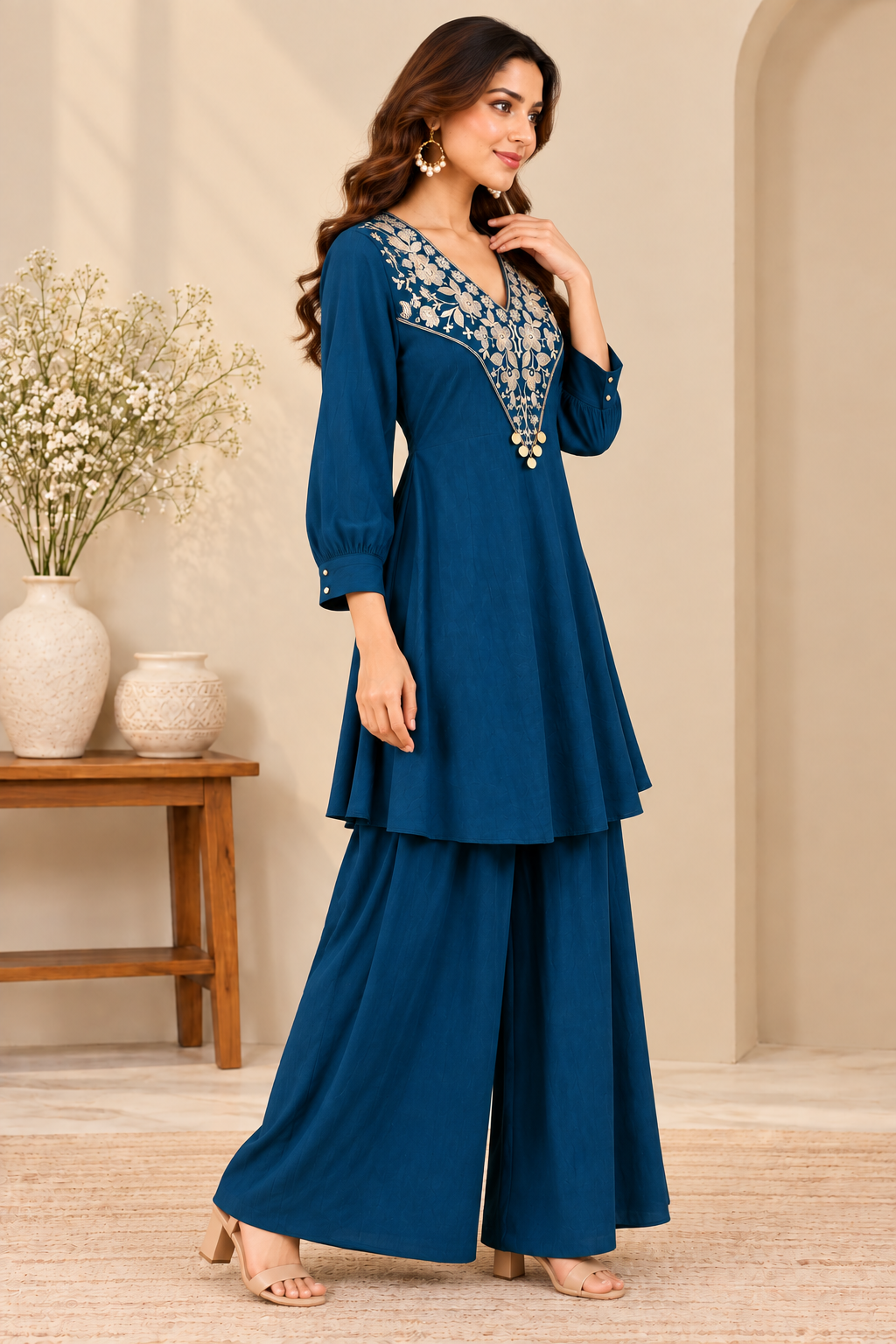 Elevate your ethnic wardrobe with the timeless elegance of our Royal Blue Kurta Palazzo Set.