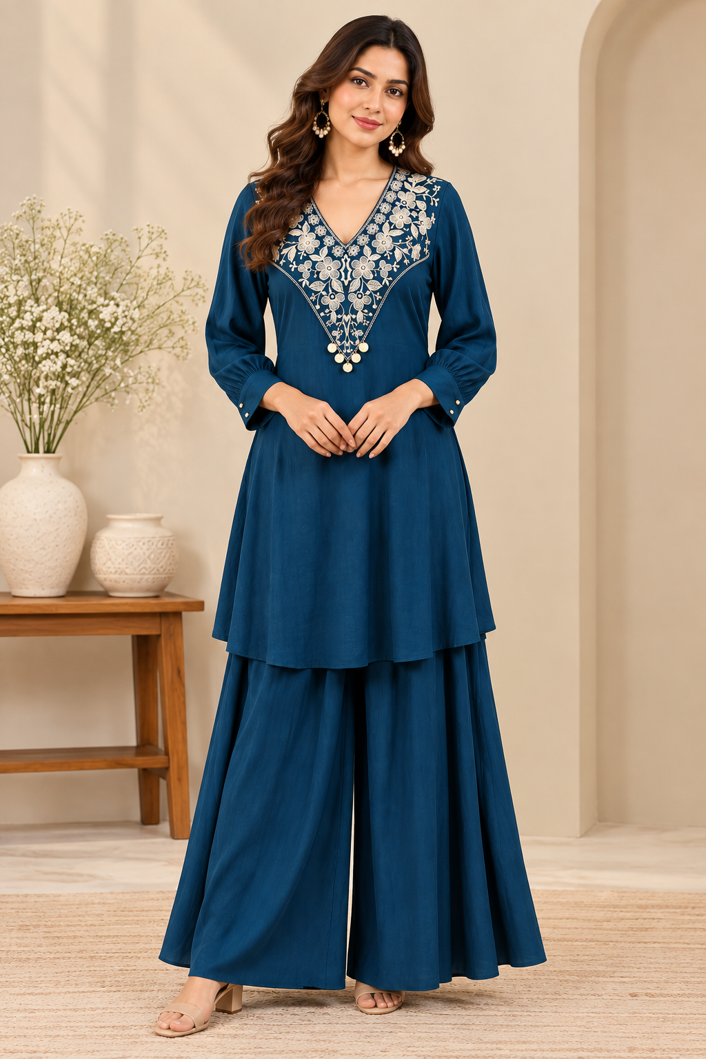 Elevate your ethnic wardrobe with the timeless elegance of our Royal Blue Kurta Palazzo Set.