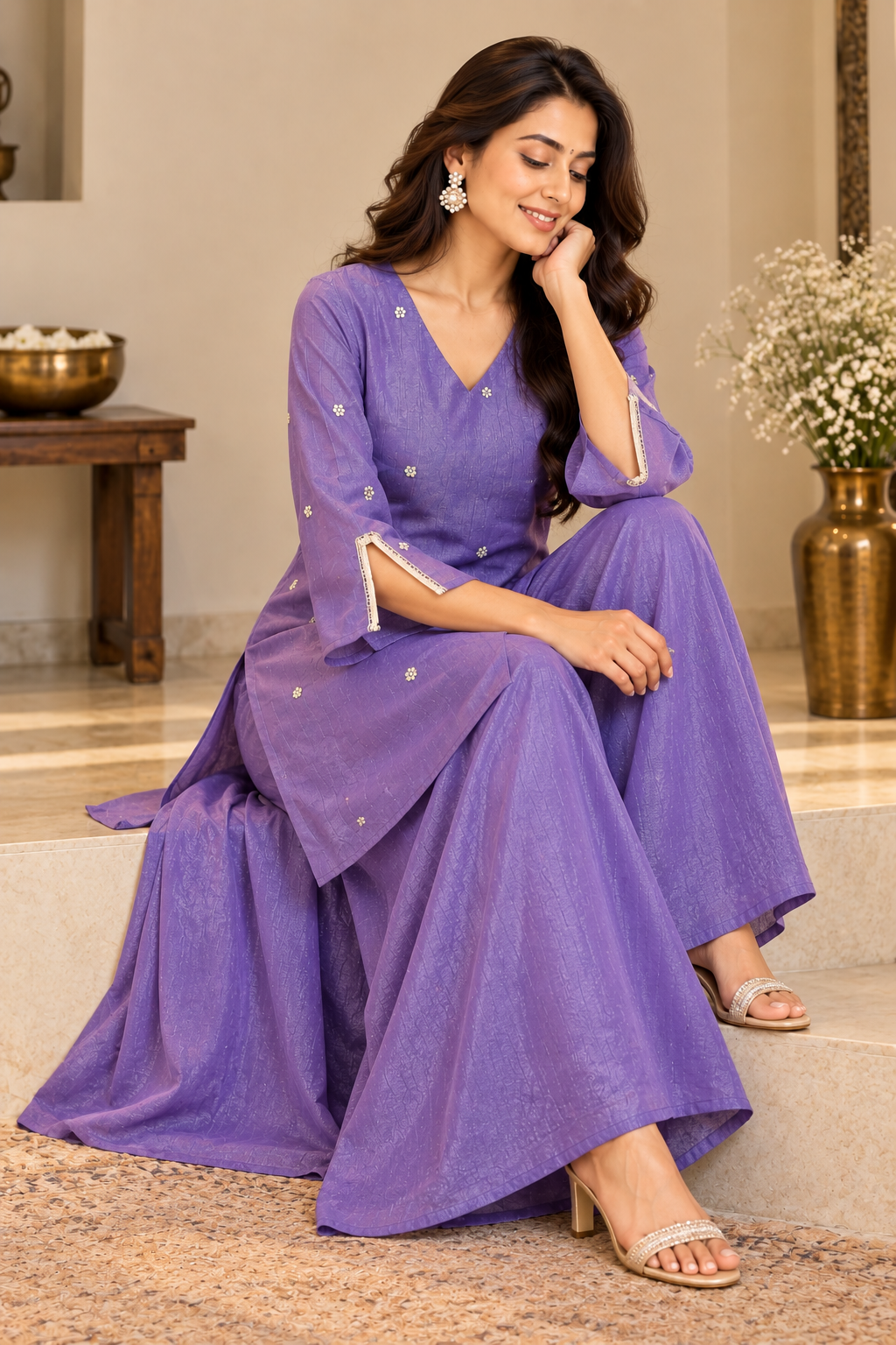 Women’s Purple Mal Chanderi Kurta Plazzo Set with Floral Embroidery & Stylish Flared Sleeves