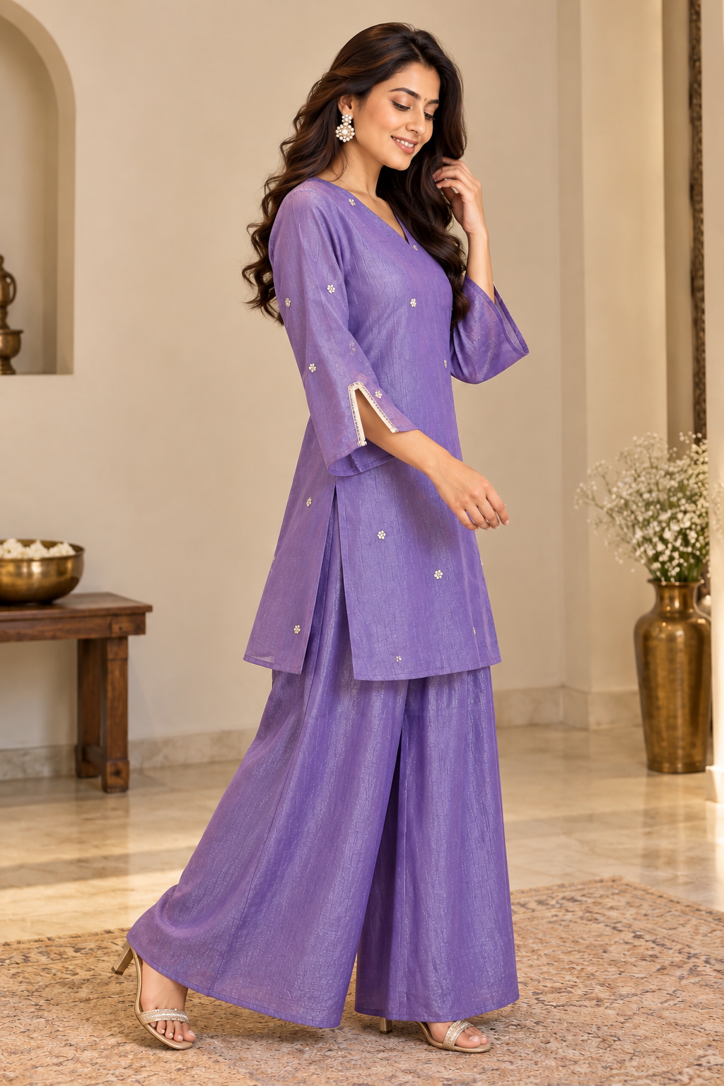 Women’s Purple Mal Chanderi Kurta Plazzo Set with Floral Embroidery & Stylish Flared Sleeves
