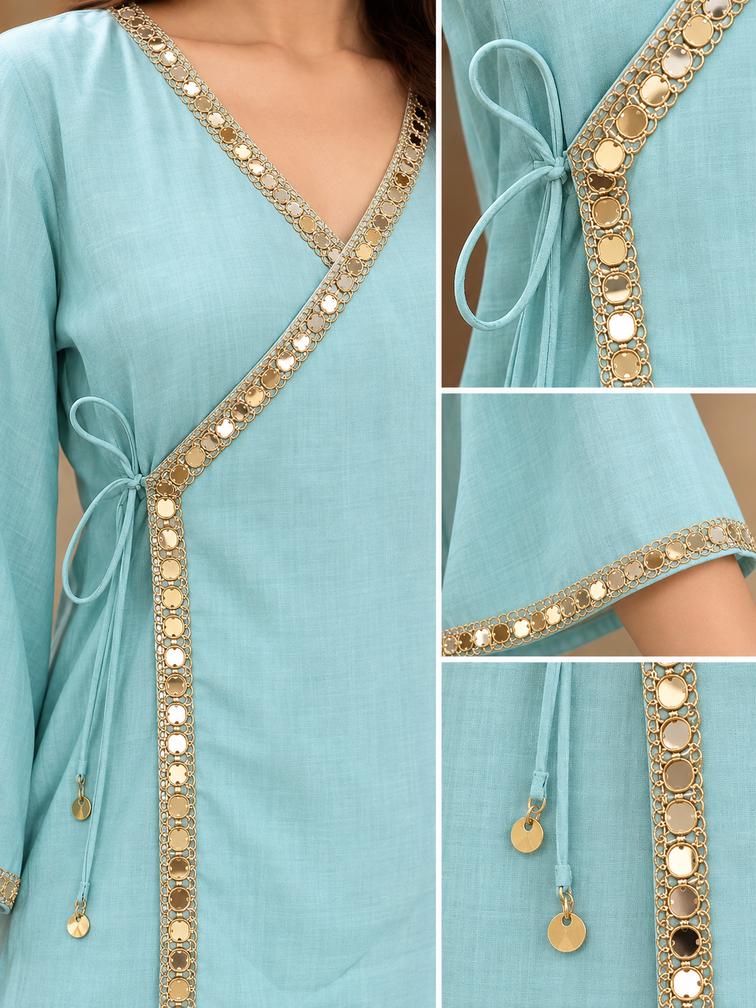 Coral Silk & Roman TEAL BLUE Angrakha | Elegant Gold Lace Detailed Ethnic Ensemble