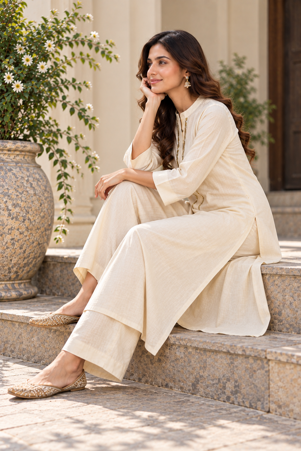 Elegant Ivory Mal Chanderi A-Line Kurta with Gold Embellished Neckline & Matching Straight Pants Set