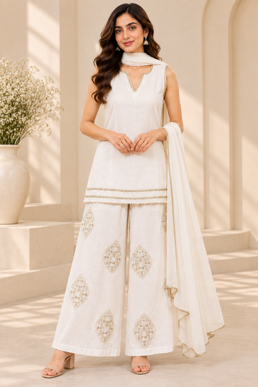 Women’s White Embroidered Kurta Palazzo Suit Set with Gold Border Detailing and Matching Dupatta – Elegant Ethnic Festive Wear