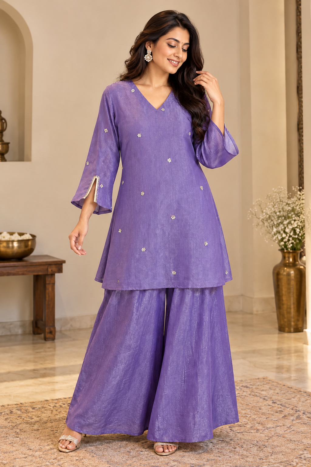 Women’s Purple Mal Chanderi Kurta Plazzo Set with Floral Embroidery & Stylish Flared Sleeves