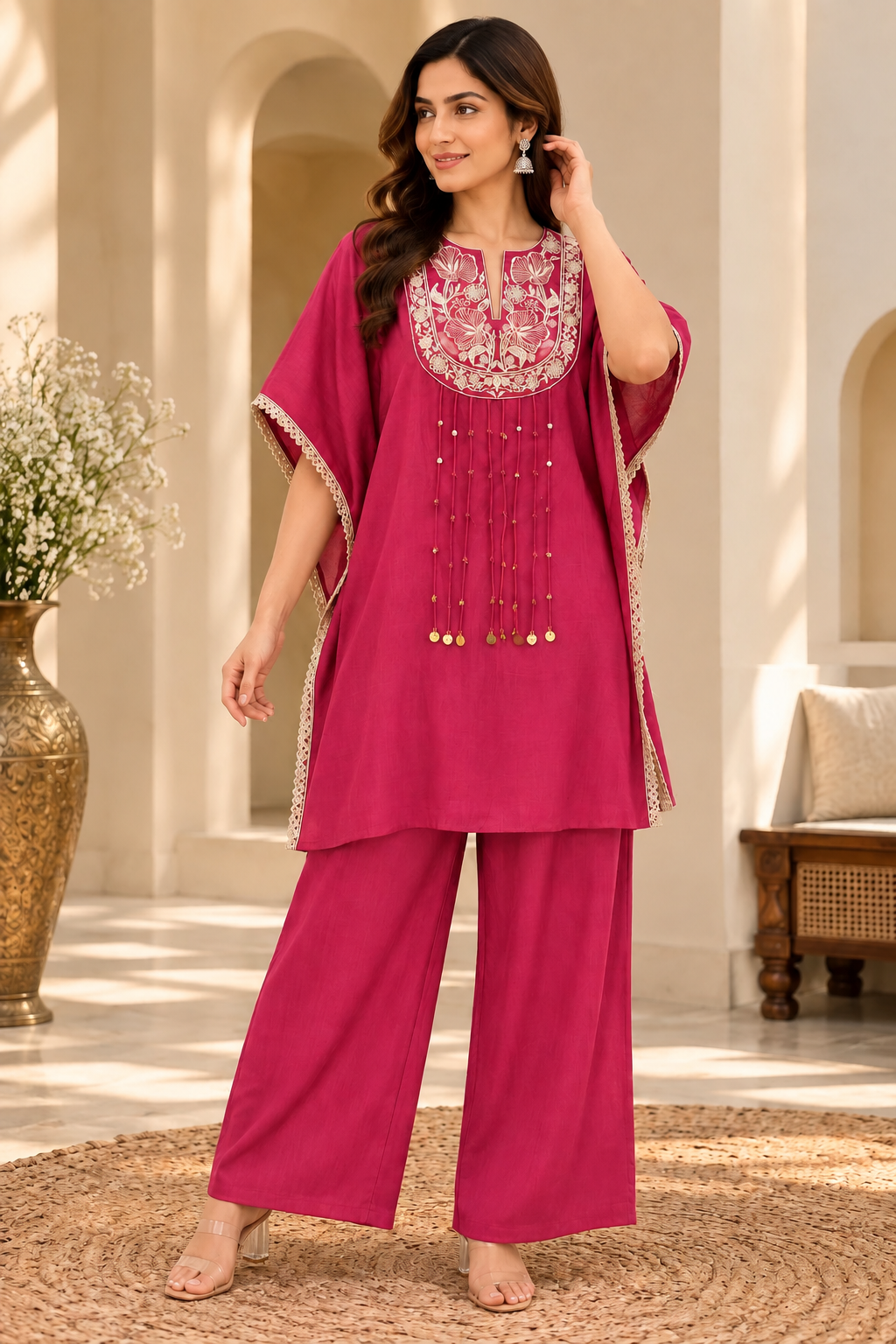 Stylish Pink Embroidered Kurta Palazzo Set for Women | Premium Roman Fabric Floral Embroidery Kurti with Kaftan Sleeves, Lace Detailing & Matching Palazzo | Elegant Festive Ethnic Wear