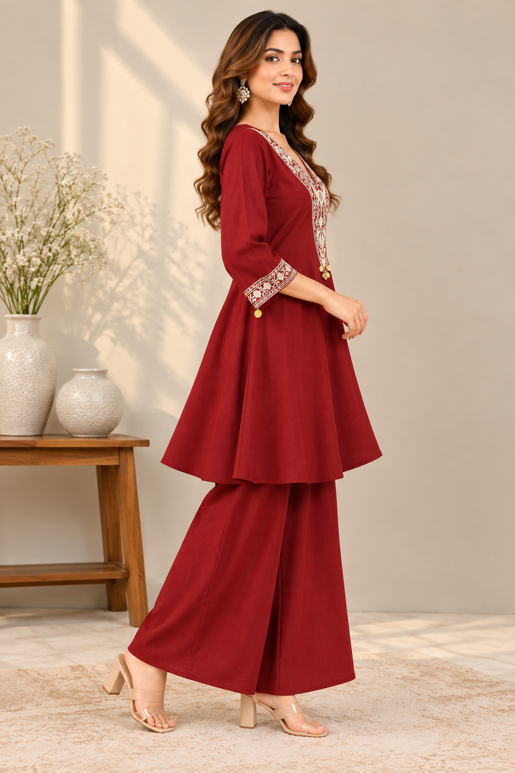 Elegant Maroon Coral Silk Embroidered Kurta Palazzo Set for Women | Premium Floral V-Neck Embroidery with 3/4 Sleeves, Decorative Tassel Detailing & Matching Wide-Leg Palazzo Pants | Festive, Party & Ethnic Wear