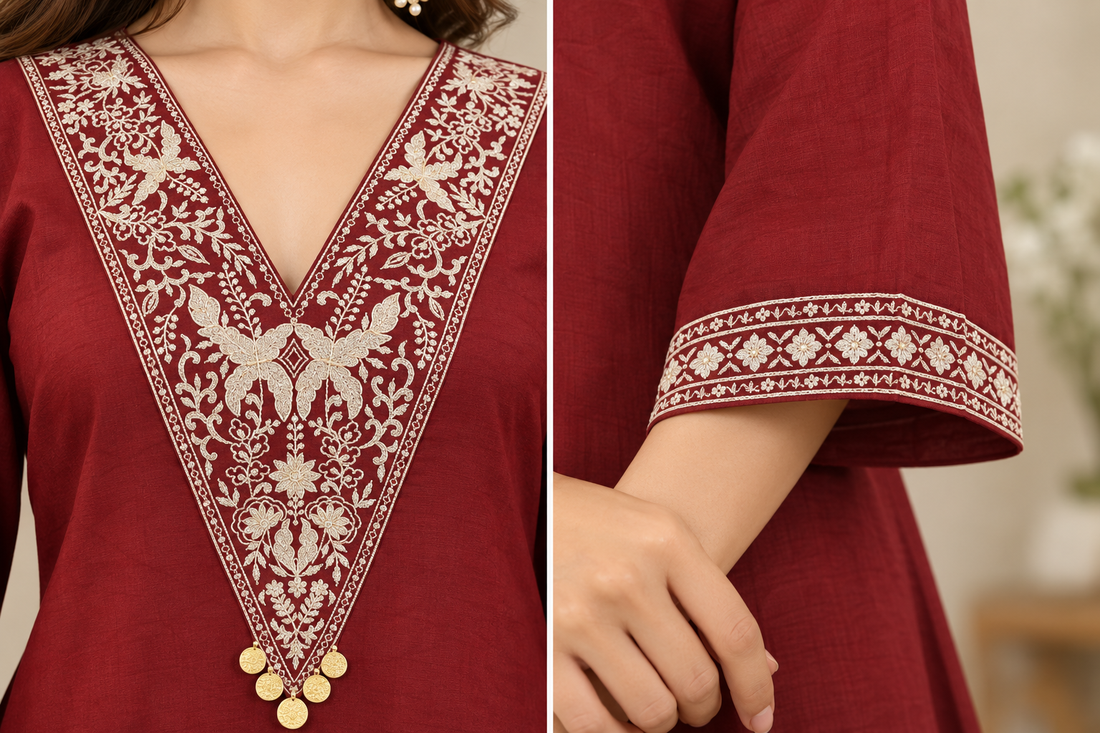 Elegant Maroon Coral Silk Embroidered Kurta Palazzo Set for Women | Premium Floral V-Neck Embroidery with 3/4 Sleeves, Decorative Tassel Detailing & Matching Wide-Leg Palazzo Pants | Festive, Party & Ethnic Wear