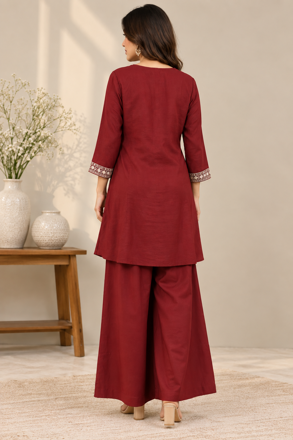 Elegant Maroon Coral Silk Embroidered Kurta Palazzo Set for Women | Premium Floral V-Neck Embroidery with 3/4 Sleeves, Decorative Tassel Detailing & Matching Wide-Leg Palazzo Pants | Festive, Party & Ethnic Wear