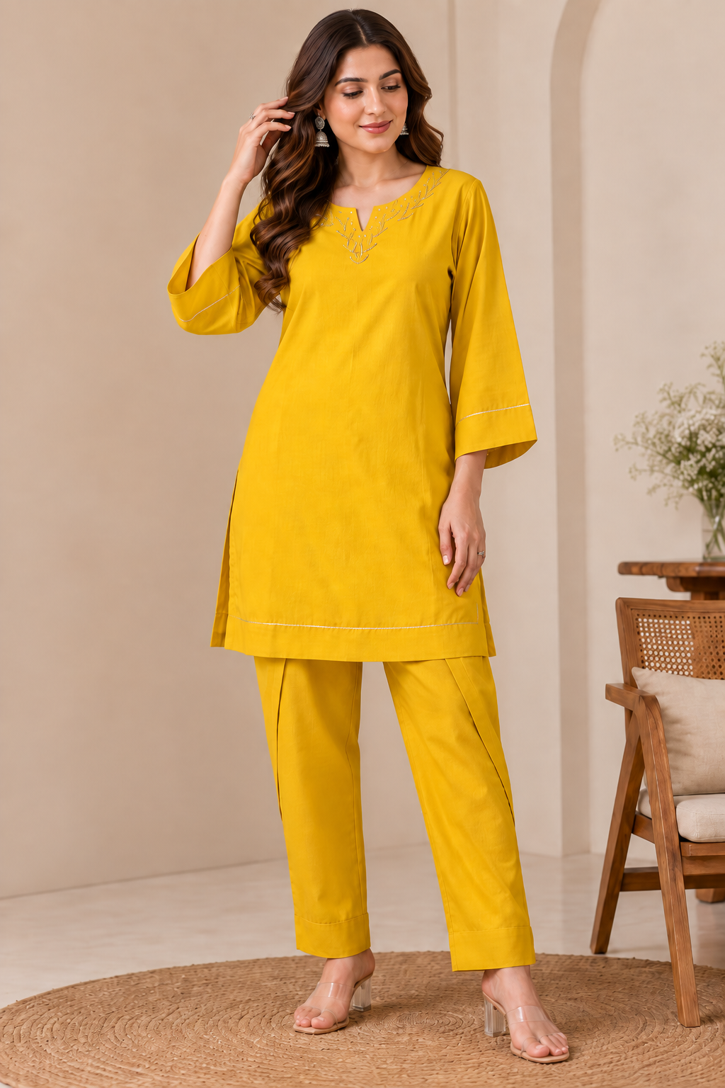 Mustard Yellow Roman Fabric Embroidered Straight Kurta with Stylish Flared Sleeves & Matching Ankle-Length Pants Set