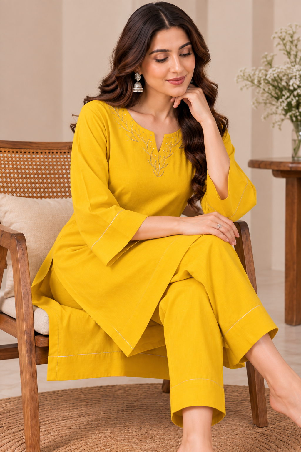 Mustard Yellow Roman Fabric Embroidered Straight Kurta with Stylish Flared Sleeves & Matching Ankle-Length Pants Set