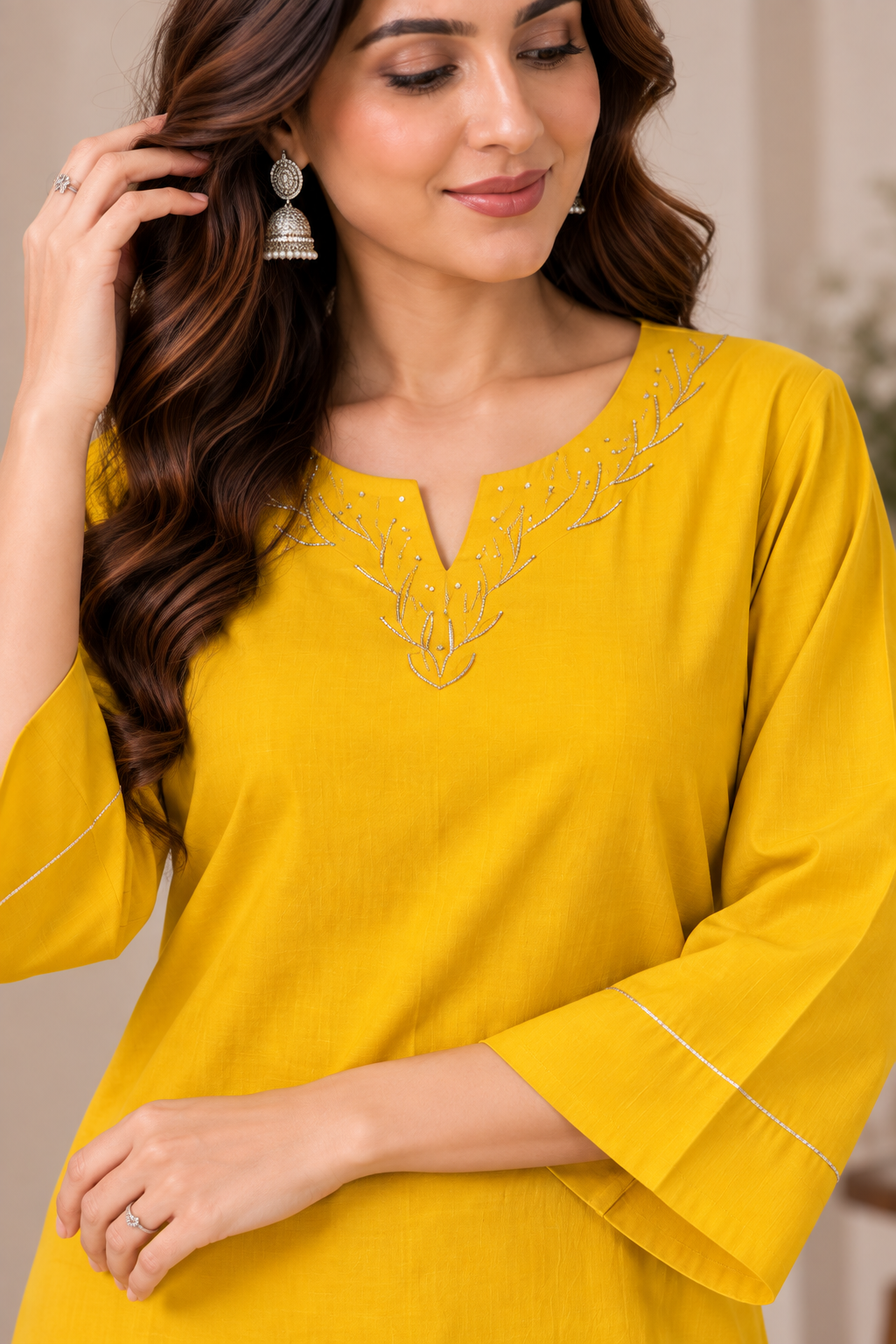 Mustard Yellow Roman Fabric Embroidered Straight Kurta with Stylish Flared Sleeves & Matching Ankle-Length Pants Set