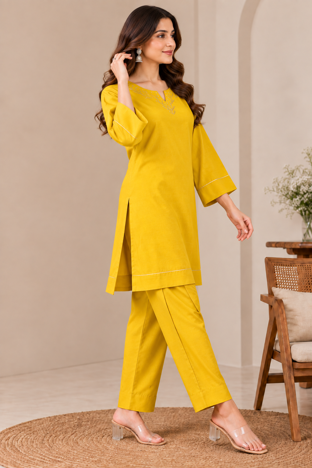 Mustard Yellow Roman Fabric Embroidered Straight Kurta with Stylish Flared Sleeves & Matching Ankle-Length Pants Set