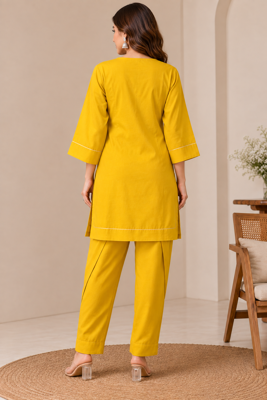 Mustard Yellow Roman Fabric Embroidered Straight Kurta with Stylish Flared Sleeves & Matching Ankle-Length Pants Set