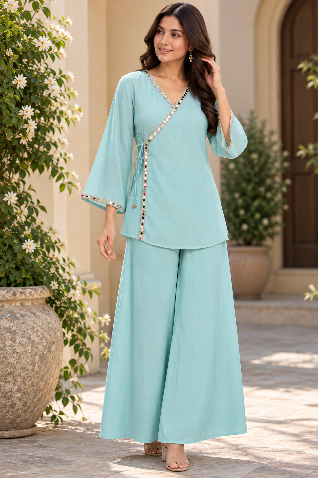 Coral Silk & Roman TEAL BLUE Angrakha | Elegant Gold Lace Detailed Ethnic Ensemble
