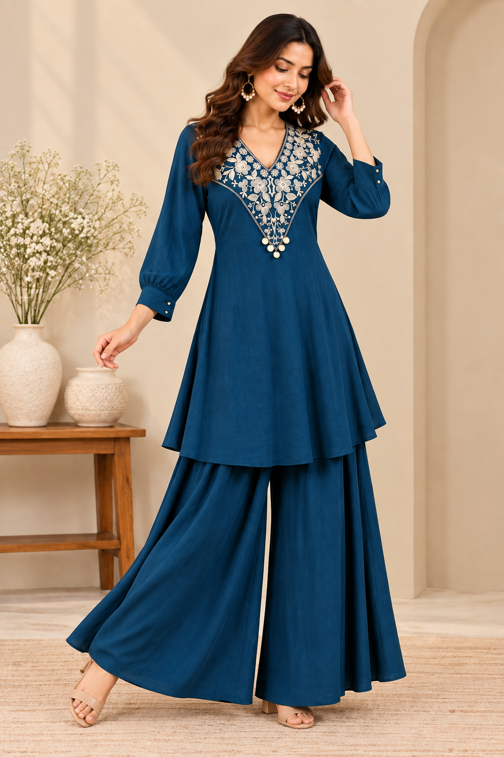 Elevate your ethnic wardrobe with the timeless elegance of our Royal Blue Kurta Palazzo Set.