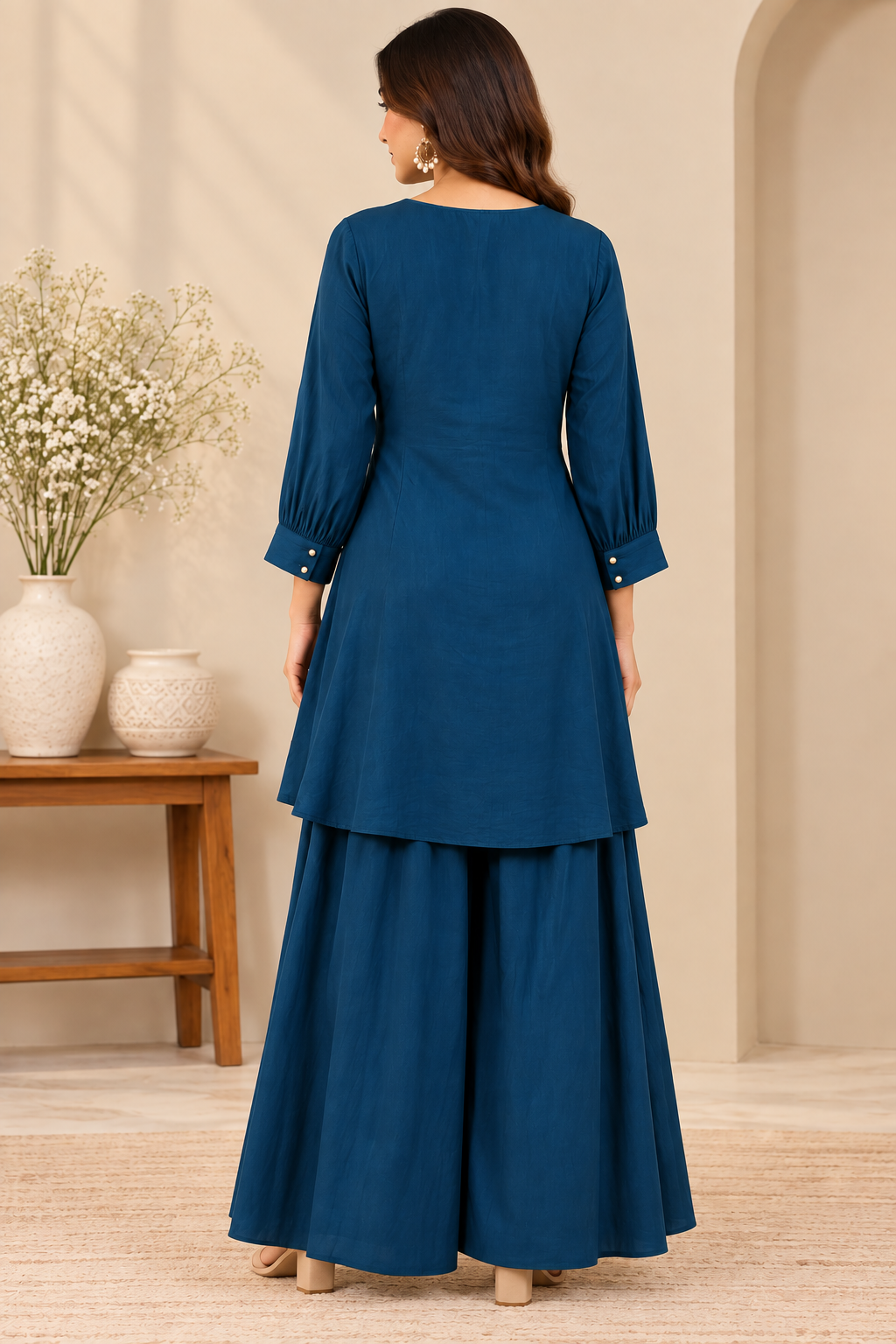 Elevate your ethnic wardrobe with the timeless elegance of our Royal Blue Kurta Palazzo Set.