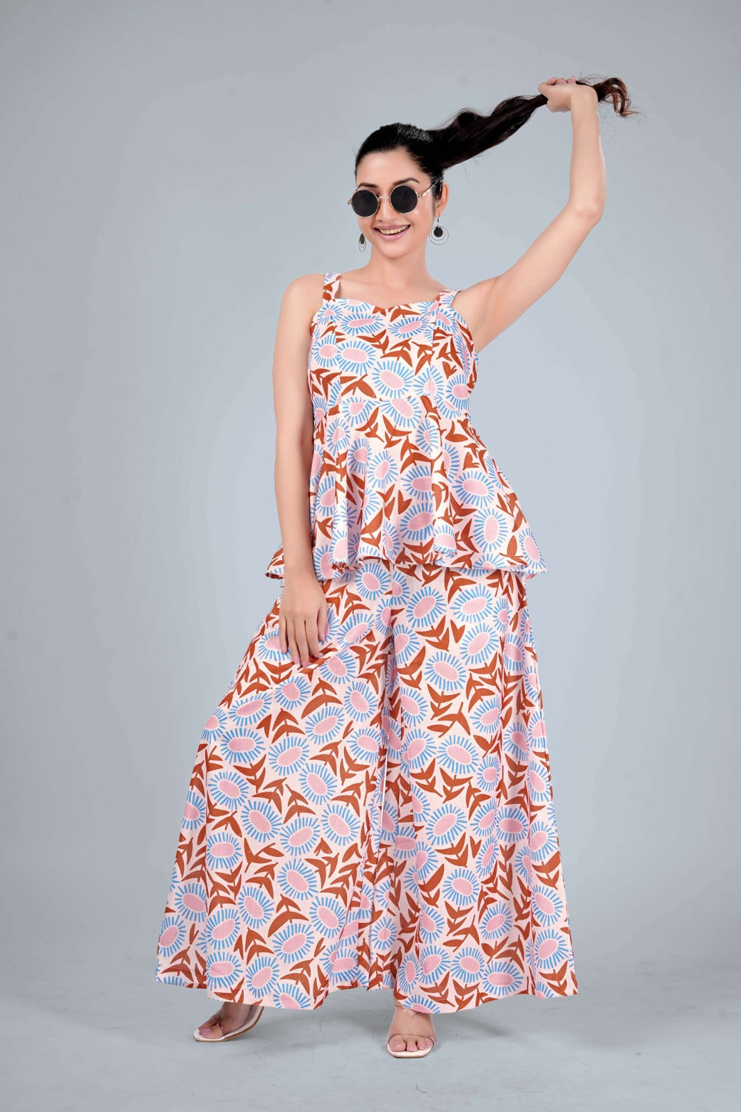 Women's Cotton Blend Printed Peplum Top & Palazzo Co-Ord Set