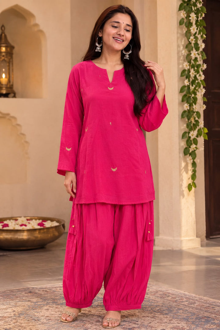 Rani afgani Mal Chanderi Kurta Set with Roman Viscose Afghani Pants - Stylish, Beautiful & Elegant Women’s Ethnic Wear