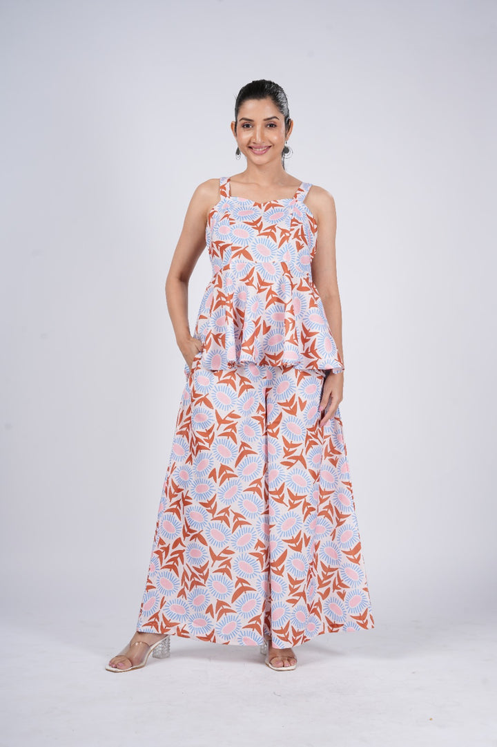 Women's Cotton Blend Printed Peplum Top & Palazzo Co-Ord Set
