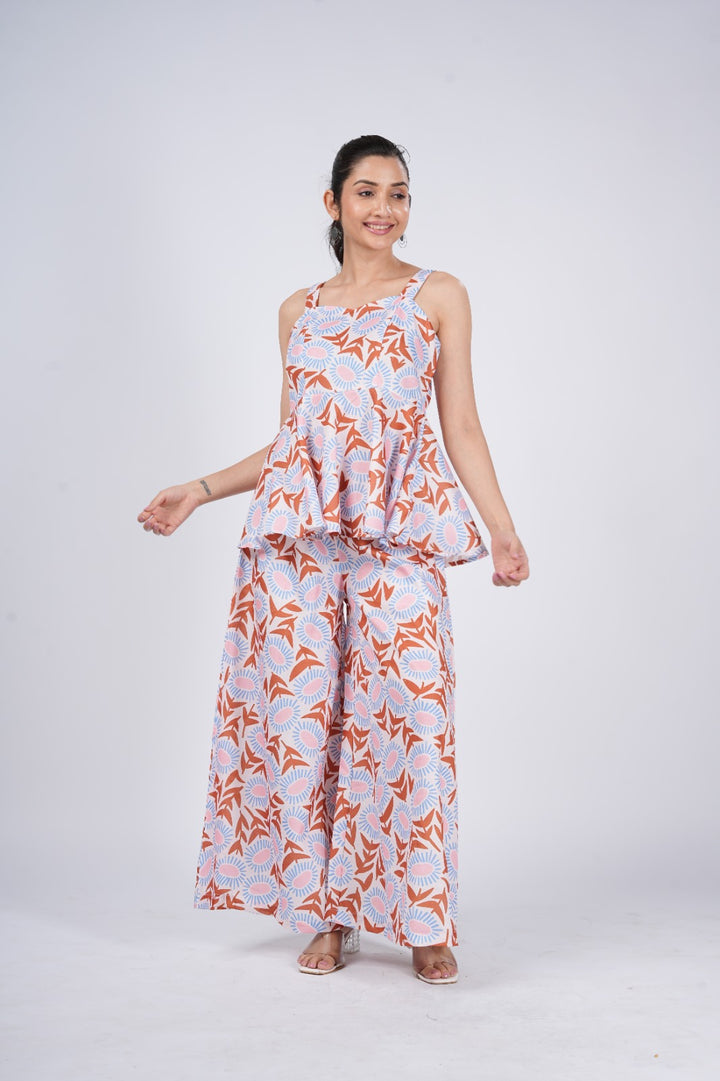 Women's Cotton Blend Printed Peplum Top & Palazzo Co-Ord Set