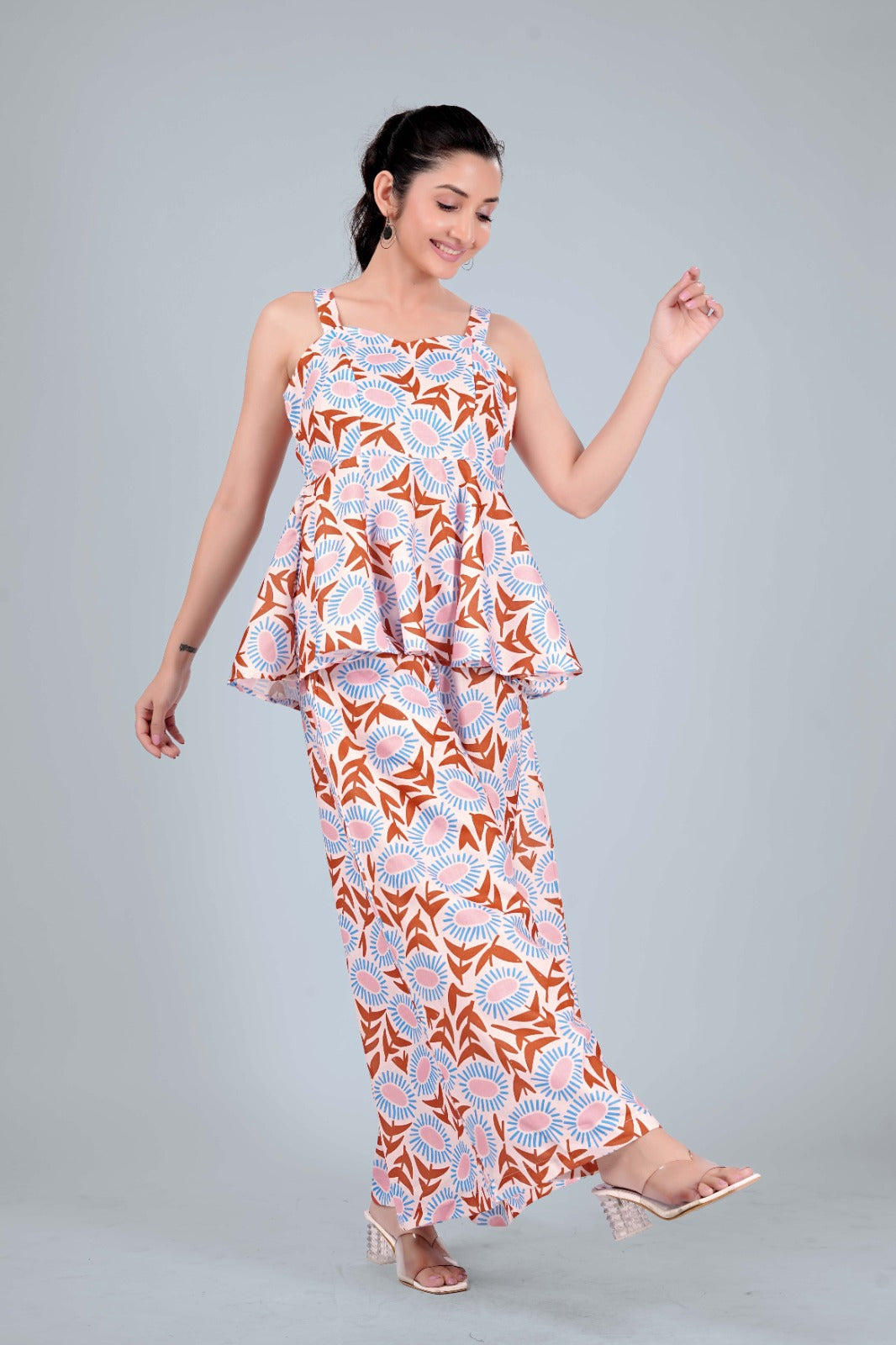 Women's Cotton Blend Printed Peplum Top & Palazzo Co-Ord Set