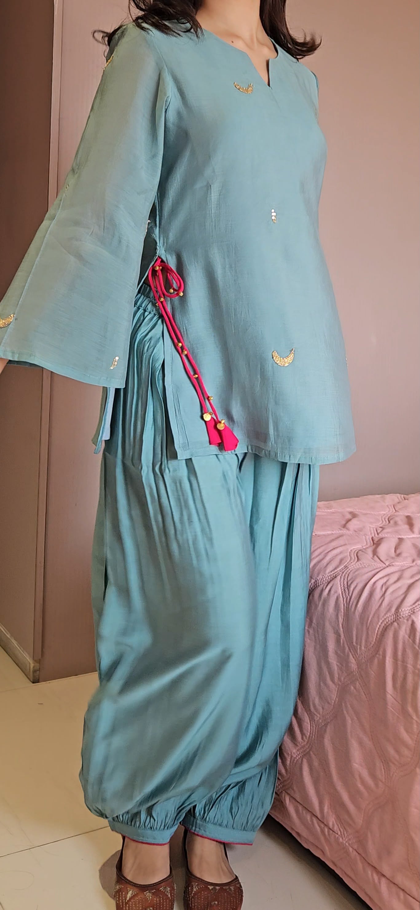 Teal Blue Mal Chanderi Kurta Top with Roman Viscose Afghani Pant Set-Where Tradition Meets Elegance.. 🌸