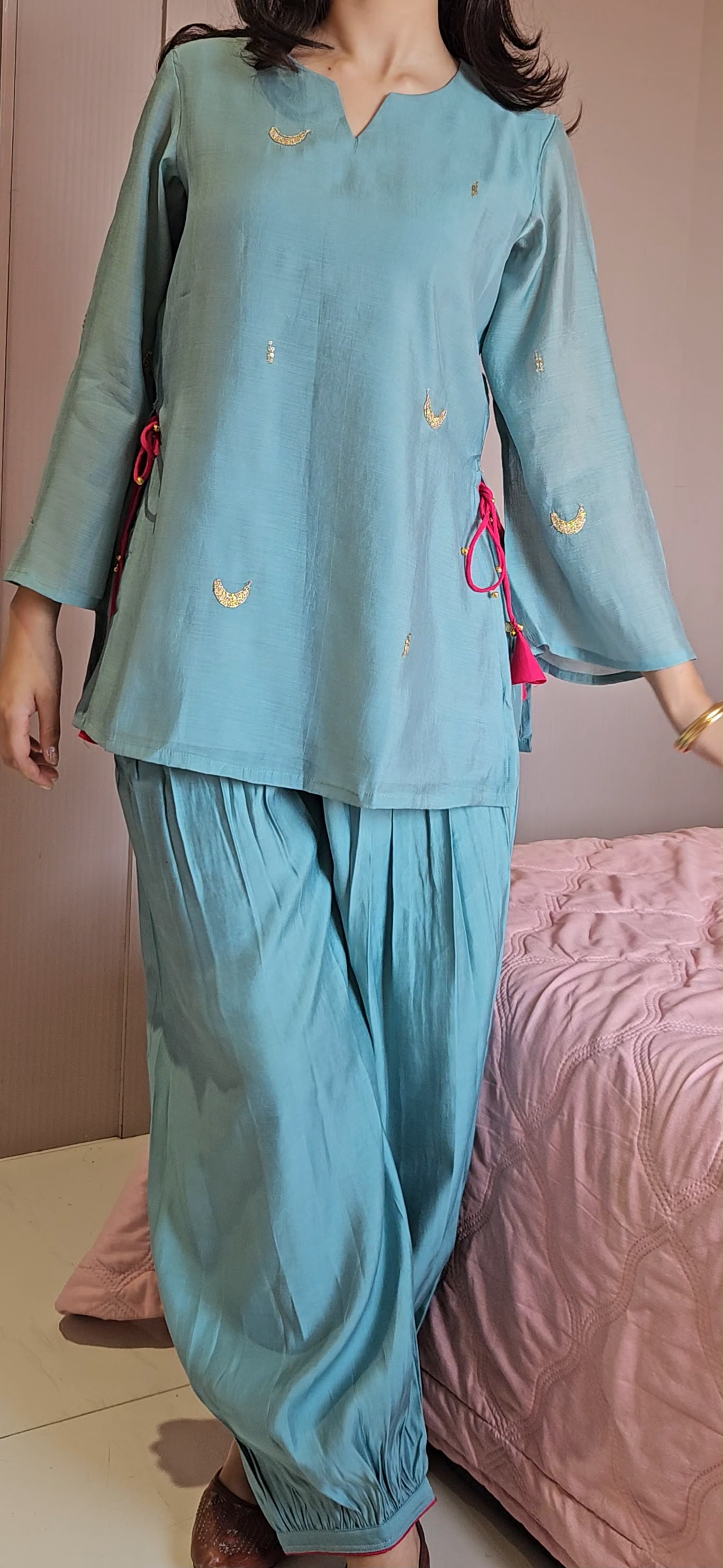 Teal Blue Mal Chanderi Kurta Top with Roman Viscose Afghani Pant Set-Where Tradition Meets Elegance.. 🌸