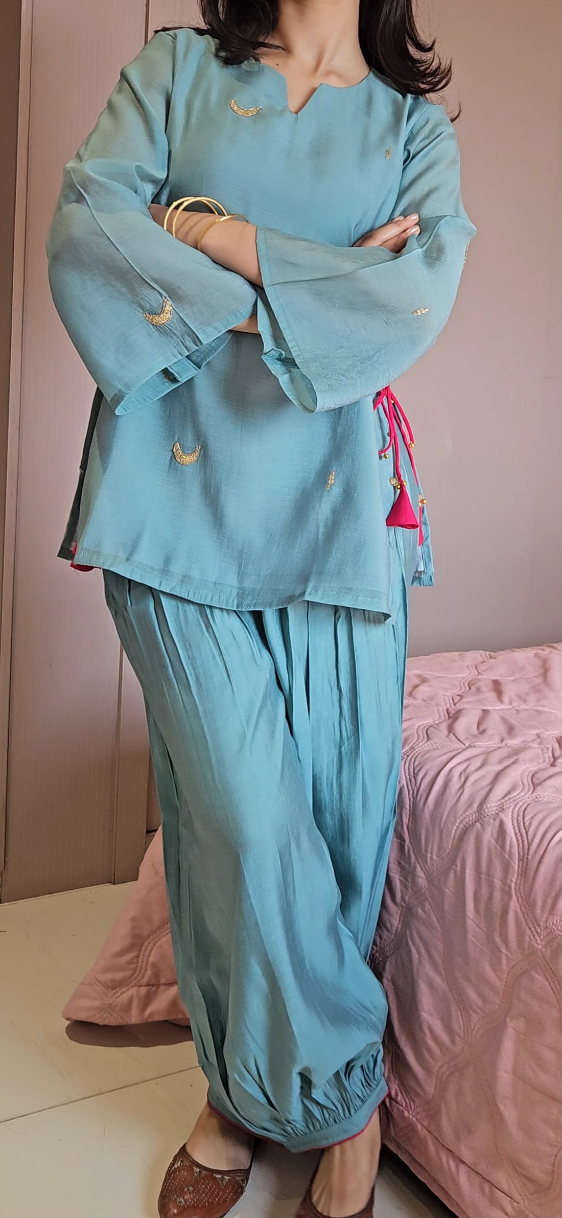 Teal Blue Mal Chanderi Kurta Top with Roman Viscose Afghani Pant Set-Where Tradition Meets Elegance.. 🌸