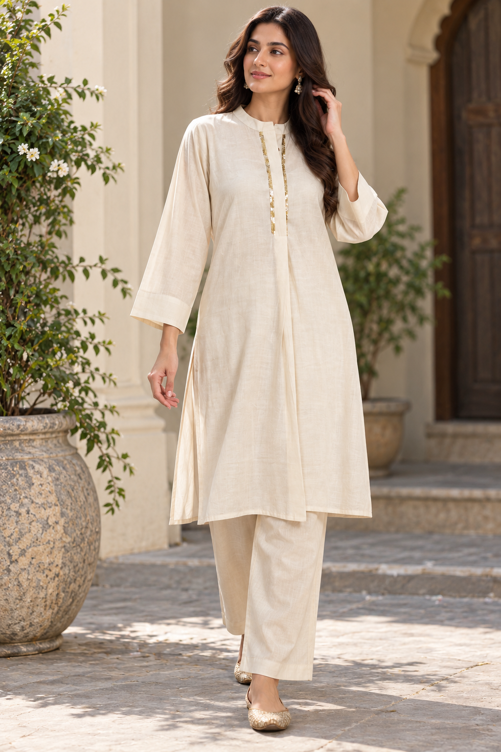 Elegant Ivory Mal Chanderi A-Line Kurta with Gold Embellished Neckline & Matching Straight Pants Set