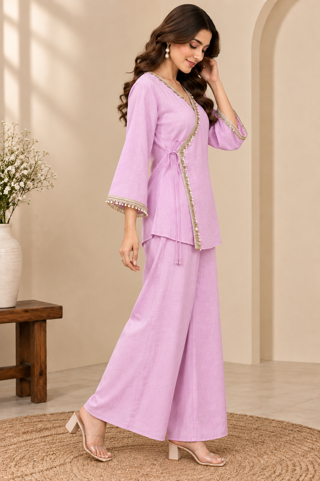 Coral Silk & Roman Onion Pink Angrakha | Elegant Gold Lace Detailed Ethnic Ensemble